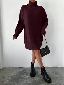 EURMUSE 女士简约纯色休闲宽松长袖高领毛衣裙 - 酒紅色 - 查看 4