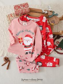 Cozy Pixies Baby Girl Christmas Santa,Pine Tree,Reindeer & Snowman Knit Pajama Set,2 Pieces Snug Fit Crew Neck Top & Pants,Pink And Red,Autumn,Casual,Birthday - Pink - View 9