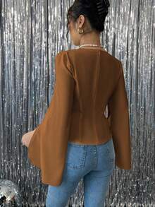 Chiquease Women's Plain Overlap V-Neck Flare Sleeve Casual Shirt - Brown - View 2