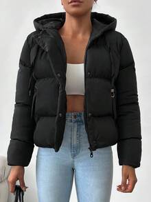 EURMUSE 小码女款拉链抽绳连帽羽绒冬季大衣 - 黑色 - 查看 7