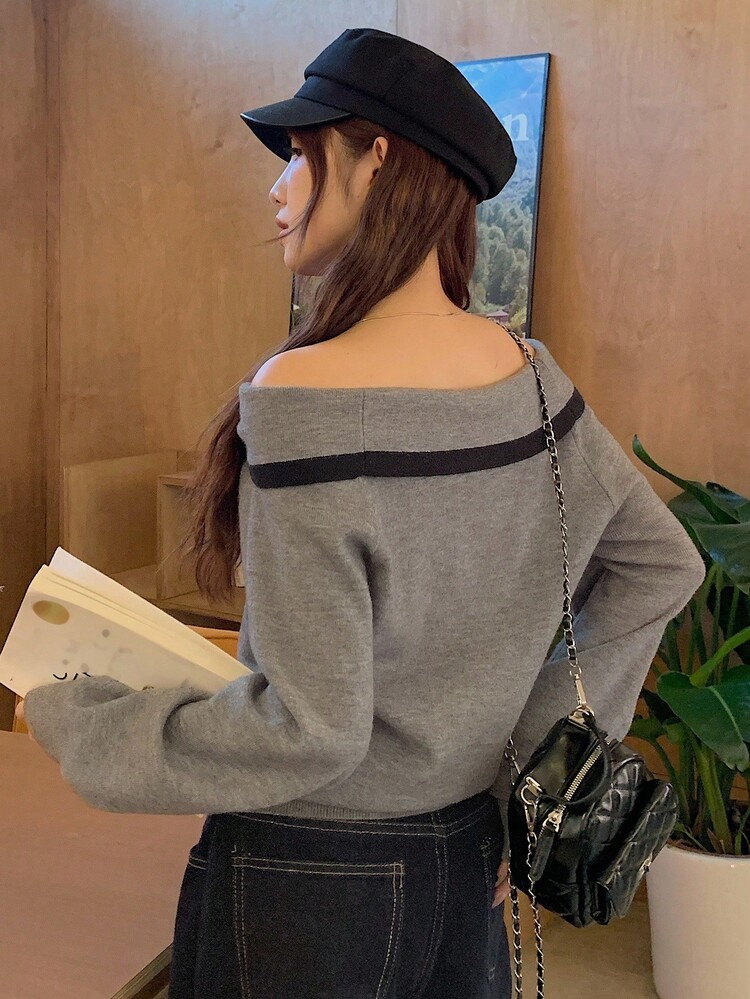 DAZY كنزة صوفية كاجوال فضفاضة بتصميم كتف مكشوف ملونة، محبوكة، عصرية وبسيطة، مناسبة للخريف والشتاء، ملابس علوية جميلة - رمادي - مشاهدة 2