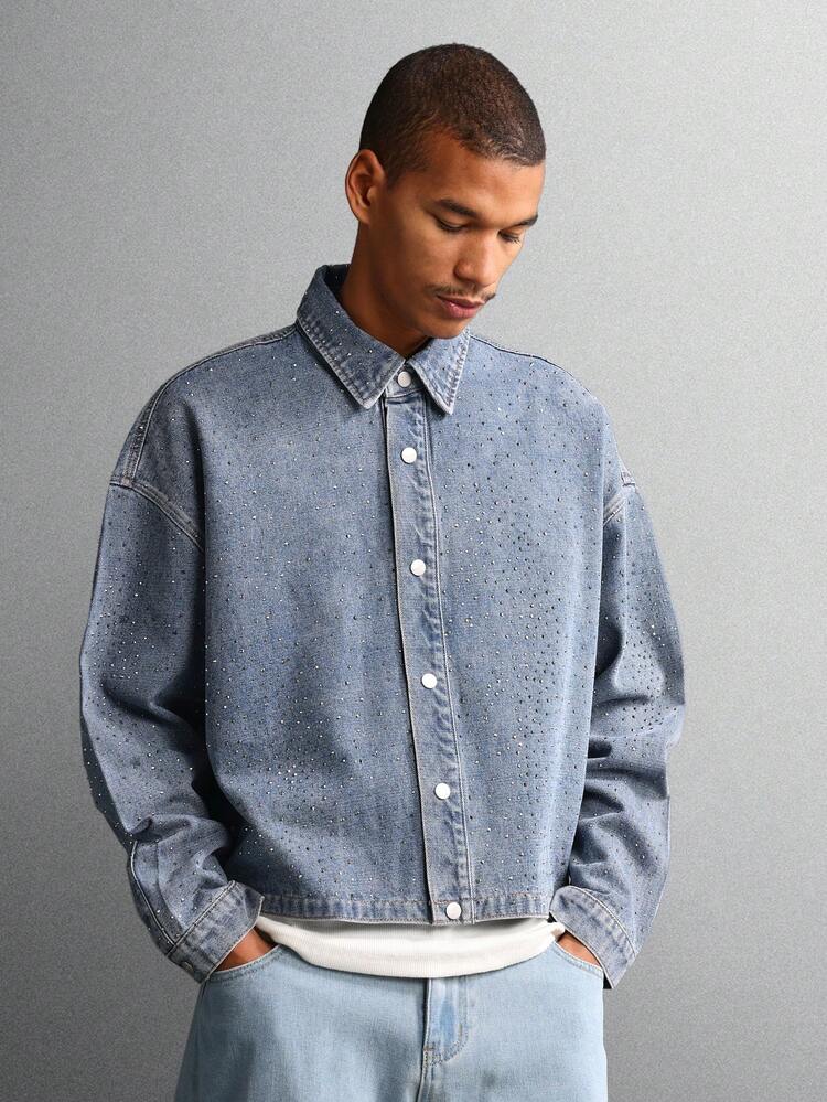 Light Wash Denim Jacket With Glitter Embellishments And Buttons