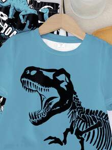 SHEIN 2件套年轻男孩休闲恐龙和卡通动物印花Y2K街头风格圆领短袖T恤和裤子 - 白色 - 查看 4
