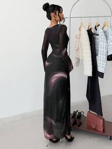 SHEIN 少女优雅弹力渐变色印花网眼褶饰长裙 - 彩色 - 查看 3