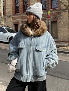 Livesso Damski, swobodny, zapinany na zamek, pikowany płaszcz z kieszeniami, styl uliczny, kurtka jesienno-zimowa - Niebieski - Zobacz 1