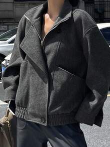 DAZY 女士立领双排扣拉链宽松休闲夹克冬季女式外套 - 深灰色 - 查看 11