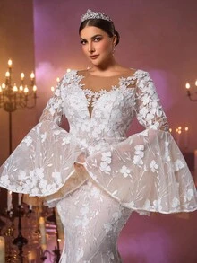 Glamrae 加大码优雅浪漫圆领贴花装饰拼布奢华刺绣透明喇叭袖美人鱼下摆新娘婚纱带拖尾 - 白色 - 查看 6