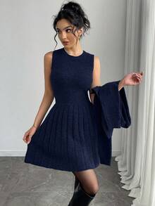 Elenzga 2pcs Set Elegant Solid Color Cardigan Knit Dress For Commuting - Blue - View 5