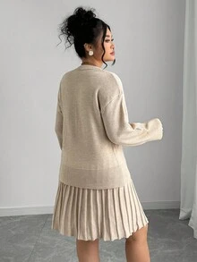 Elenzga Solid Color Crew Neck Knit Top + Pleated Skirt Minimalist Plus Size Sweater Dress Set - Khaki - View 2