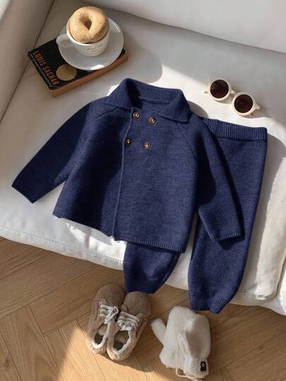 SHEIN 2pcs Baby Boy/Girl Solid Color Collared Long Sleeve Sweater And Pants Set, Suitable For Autumn/Winter Autumn And Winter Two Piece Suit Dark Blue Baby Boy Outfit Baby Boy Knitted Set Knit Two Piece Toddler Fall