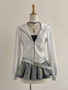 Elamini 女士灰色碎花连帽拉链运动衫，带口袋，休闲简约百搭舒适套头衫，适合户外、运动、家居服和日常穿着 - 灰色 - 查看 5