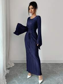 Elenzga 标准尺寸女式纯色圆领系带休闲喇叭袖长裙 - 藏蓝色 - 查看 4