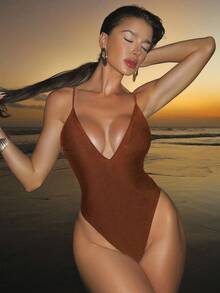 Swim SXY 1 件纯棕色泳衣，适合约会、海滩、毕业典礼 - 棕色 - 查看 4