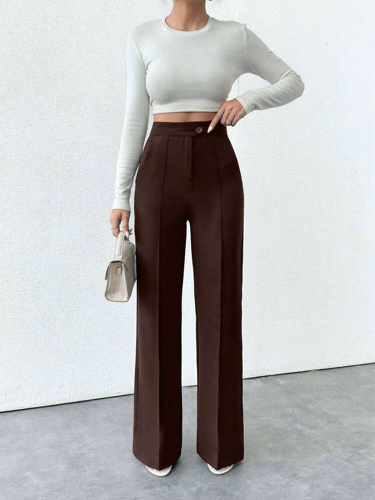 EURMUSE Petite Size Women's Pocket Pants, Business Suit Pants Brown Wide Leg Pants High Waisted Pants Womens Dress Pants Brown Trousers Wide Leg Trousers Brown Pants High Waist Pants Women Slacks Office Pants Flared Pants Business Pants - Rust Brown - View 4