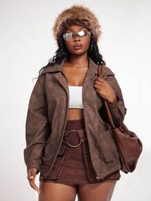 SHEIN SXY Áo khoác da PU cổ điển, sang trọng, quyến rũ, quyến rũ, gợi cảm, giản dị, phong cách tối giản, cổ điển, thanh lịch, có túi lớn, cỡ lớn dành cho nữ mùa thu đông - màu nâu - Xem 3