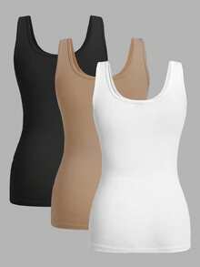 SHEIN Essnce 3pcs/Set Casual Minimalist Slim Fit Women Round Neck Camisole, Suitable For Summer - Multicolor - View 2