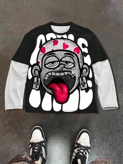 Manfinity EMRG חולצת טריקו לגברים עם הדפס טלאים בצבעי ניגוד, סתיו, ביגוד חורף לגברים, מתנה מושלמת לחבר, אופנתי במיוחד לרחוב, ליל כל הקדושים, חולצה עם שרוולים ארוכים