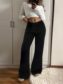 SHEIN EZwear Pantalones de punto casuales y sueltos con cordón en la cintura, unicolor, para otoño/invierno