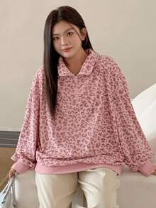Dazy Plus Sudadera holgada con cremallera y estampado de leopardo para mujer de talla grande, estilo callejero para otoño/invierno