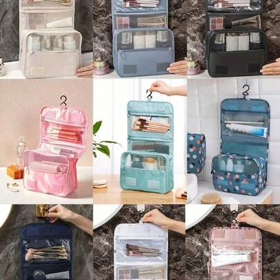 SHEIN 1个挂式化妆包 – 夏季旅行洗漱包，多功能化妆包，PVC多用途洗漱包，大容量洗漱包；带挂钩（挂式设计），防水，适用于指甲油、粉底液、粉饼、散粉、眼影、液体眼影、眼线笔、假睫毛、爽肤水和乳液、化妆刷、面霜、精油、眉笔、眉粉、口红、唇彩、梳子、耳机；邮轮旅行和宿舍生活必备