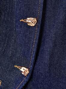 Maija 女式蓝色圆领插肩袖单排扣时尚牛仔夹克 - 深色水洗藍 - 查看 7