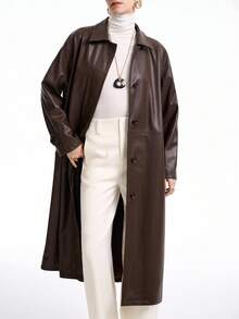 Aalyst Women's Dark Brown Leather Jacket,Chic Autumn Long Over Knee Coat,Shirt Collar,Front Button Closure,Waist Slit,Side Pockets,Office Commute Vintage - Brown - View 2