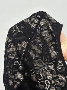 SHEIN 1pc Lace Patchwork Button Closure Mid-Thigh Shapewear Bodysuit - Black - View 3