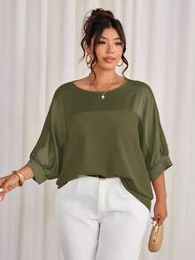 Cravure Plus Size Round Neck 3/4 Sleeve Metallic Fabric Patchwork Color-Blocking Raglan Sleeve Casual Blouse For Outing, Vacation, Commute, Party - Army Green - View 4