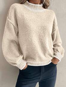 Elyressa Áo len chui đầu cổ tròn dáng rộng phong cách Âu Mỹ dày dặn, một mặt, thích hợp mặc ngoài trời, ở nhà và thường ngày, mùa thu/đông - Màu be - Xem 7