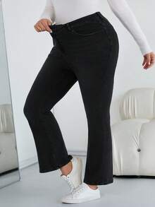 SHEIN CURVE+ Women Plus Black Autumn And Winter High Elastic Thermal Lined Asymmetrical Waist Flared Jeans,Smart Casual Everyday Chic Halloween Costumes Style - Black - View 7