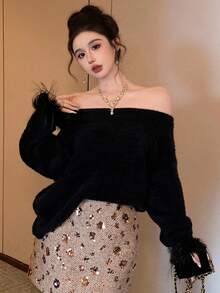 DAZY New Elegant Fluffy Patchwork Off Shoulder Women Sweater, Autumn/Winter - Black - View 6