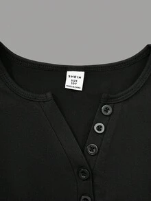 SHEIN 少女V领纽扣长袖T恤，修身打底衫，春秋新款秋冬 - 彩色 - 查看 5