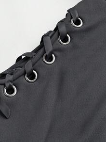 SHEIN Girlism 少女万圣节时尚街头风耳朵图案长袖抽绳休闲套头卫衣，蝴蝶结卫衣，少女深灰色卫衣，少女短款卫衣，秋冬季 - 深灰色 - 查看 4