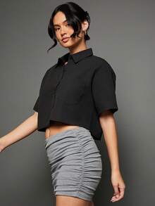 WESTFADE 100% Cotton Casual Cropped Button-Up Boxy Shirt - Black - View 10