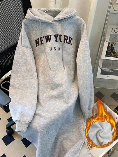 Resyla Women's Fleece Hoodie Dress With Drawstring And New York Letter Print ,Long Sleeve Sweathirt Graphic Outfit