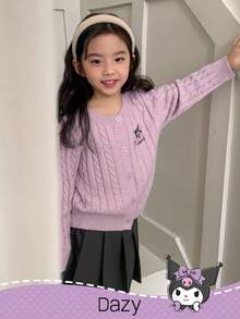 HELLO KITTY AND FRIENDS | SHEIN DAZY 年轻女孩休闲日常通勤和学校风格可爱卡通字母刺绣麻花针织纽扣开衫