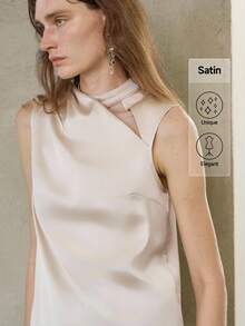 Uhlyne 女式不对称设计无袖露背衬衫，简约法式风格 - 米色 - 查看 9