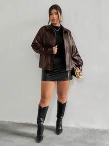 Firerie 大码女式黑色长袖PU皮夹克