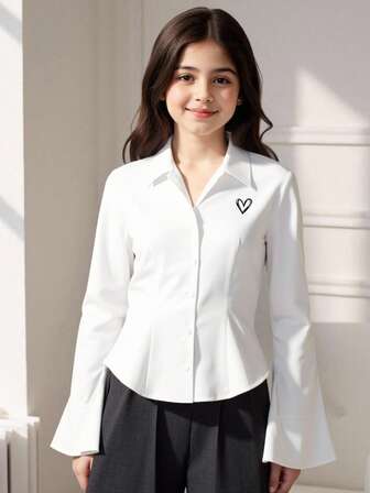 Elladie kids Tween Girl Mönstrad, åtsittande, långärmad, avslappnad skjorta med knappar