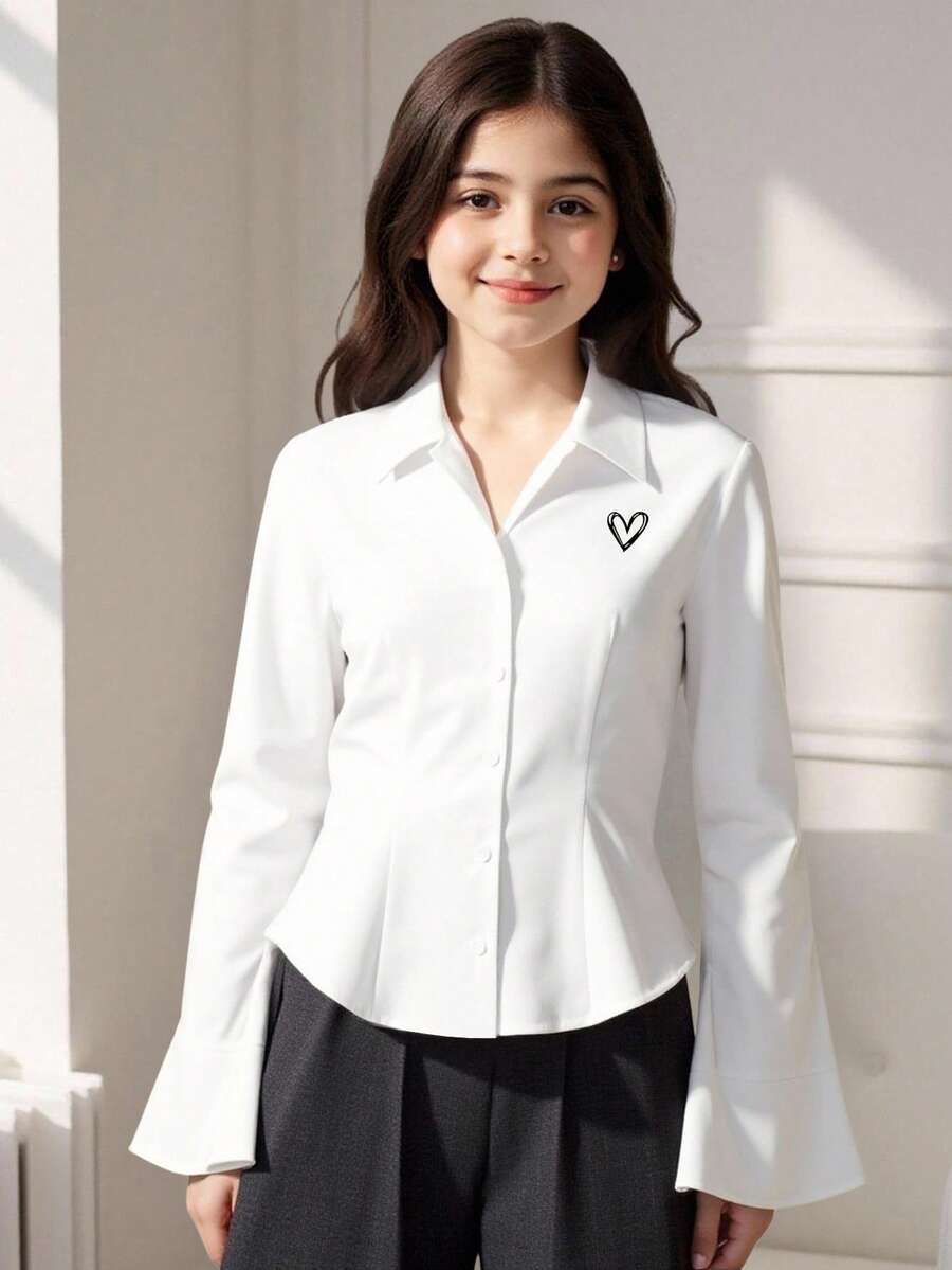 Elladie kids Camisa casual de manga larga con botones y ajuste ceñido con estampado para niña preadolescente