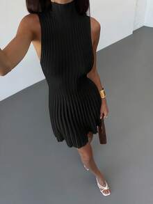 Aloruh Minimalist Stand Collar Sleeveless A-Line Mini Ribbed Knit Dress For Women,Fall - Black - View 6