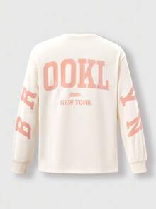 1pc Girls Letter Print Crew Neck Knitted Long Sleeve T-Shirt, Casual & Versatile - Suitable For Travel And Outdoor - Apricot - View 1