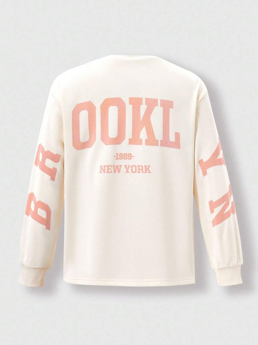 1pc Girls Letter Print Crew Neck Knitted Long Sleeve T-Shirt, Casual & Versatile - Suitable For Travel And Outdoor - Apricot - View 1