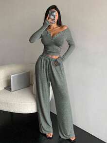 DAZY Bộ đồ thể thao nữ mùa thu gồm áo và quần màu trơn, kiểu dáng mở vạt trước, thích hợp mặc ở nhà. - Màu xanh lá cây đậm - Xem 4