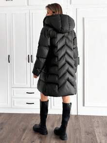 EURMUSE Paltoane de iarnă cu fermoar și buzunar în culori solide pentru femei - Negru - Vizualizare 2