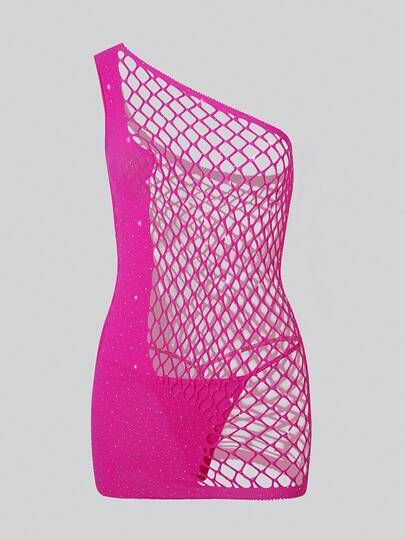 ChaseTheNight 2 piezas Camisón sexy asimétrico con hombros descubiertos, brillante y transparente con strass rosa para mujeres