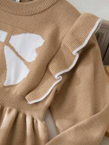 SHEIN 优雅荷叶边圆领休闲连衣裙 - 駝色 - 查看 5