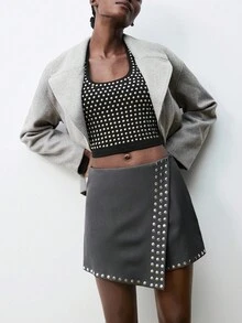 Maija 2025 Rivet Halter Neck Sleeveless Fashion Tank Top Studded Top Bling Top Rhinestone Tops, Polka Dot, Black Top , Black Corset, Party Outfit, Halloween Costumes, Nightmare Before Christmas, Halloween Costume, Autumn Outfits For Women, Sequin Top, Black Top, Beach Outfit For Women