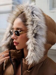 EURMUSE 女士纯色拉链和羽毛细节冬季大衣 - 米色 - 查看 7