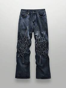 NEON BLANC 男士休闲宽松梭织蜘蛛网印花牛仔裤，街头风格，Emo风格